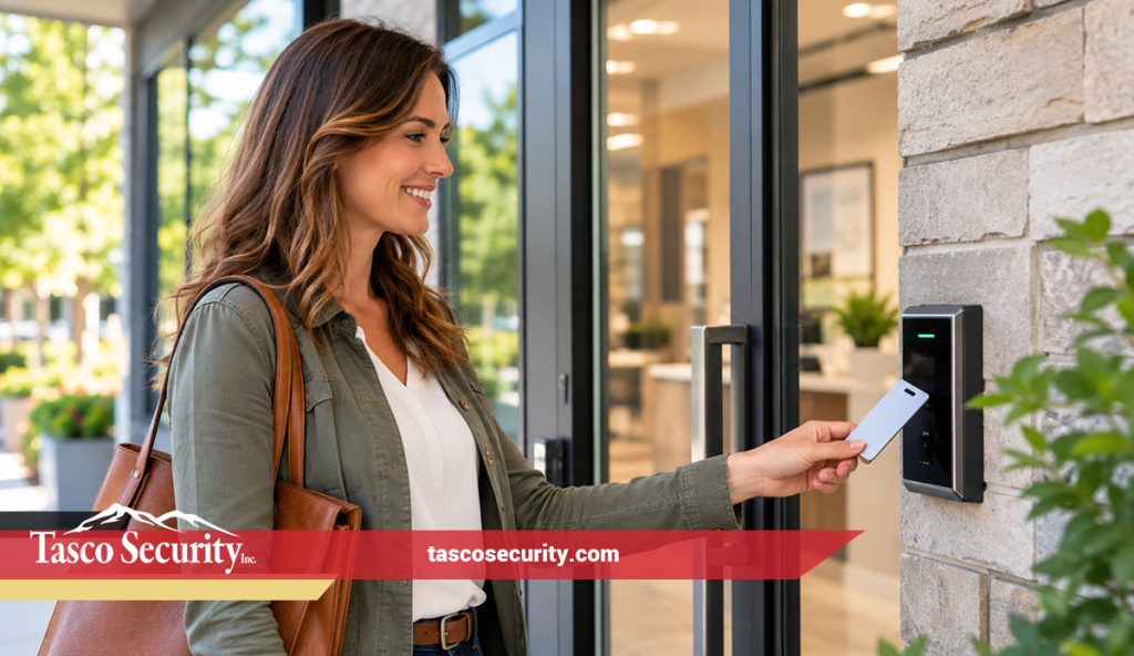 Access control at modern office entrance